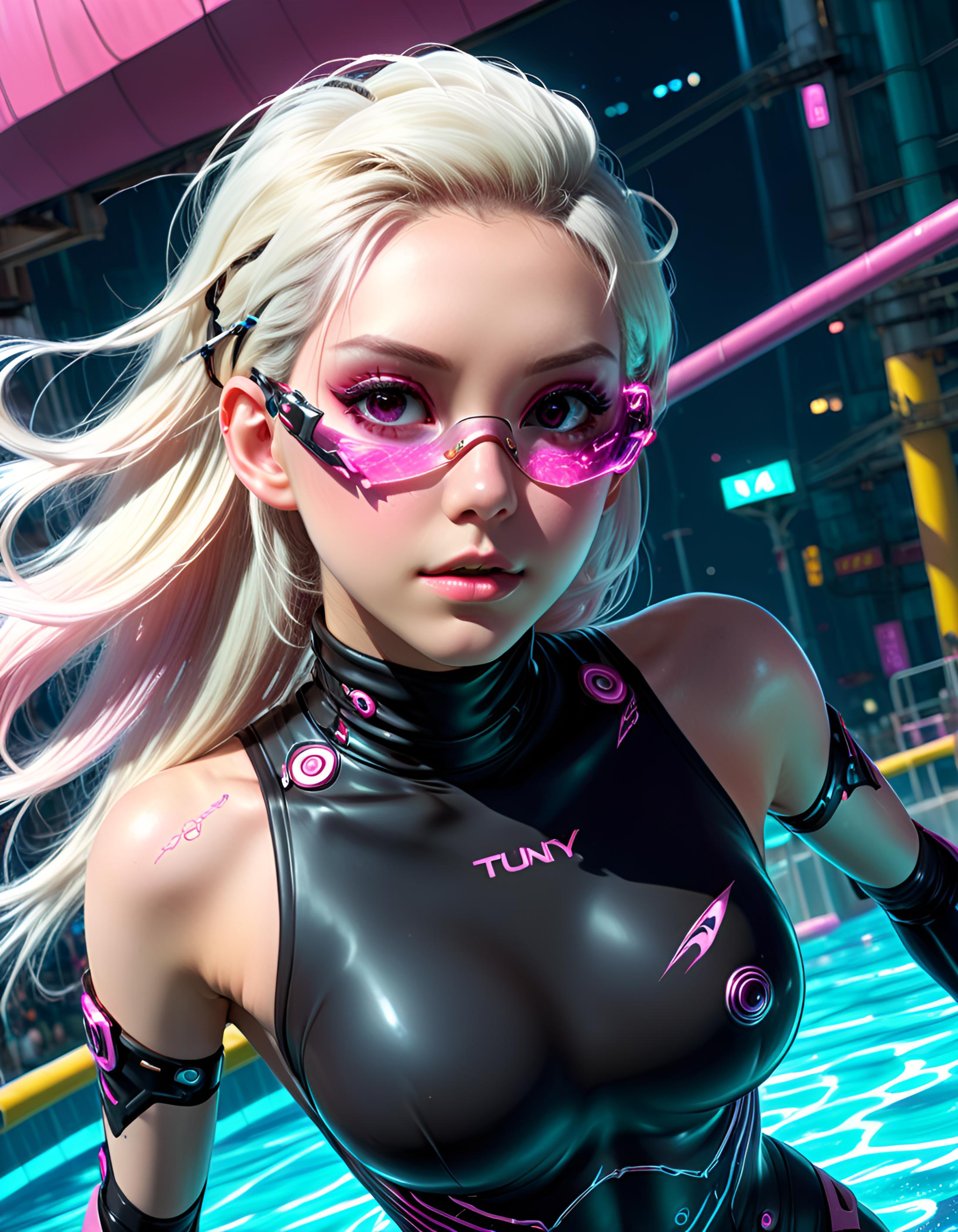 A digital art image of a blonde woman in a black and pink bodysuit with pink goggles.