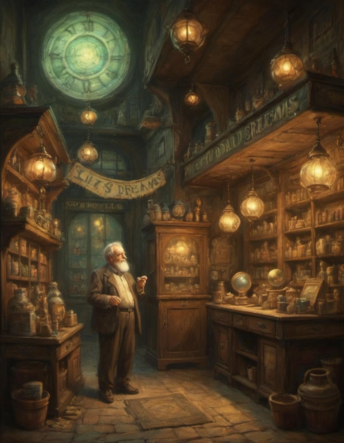 An Old Man in a Lab with Shelves of Bottles and a Clock