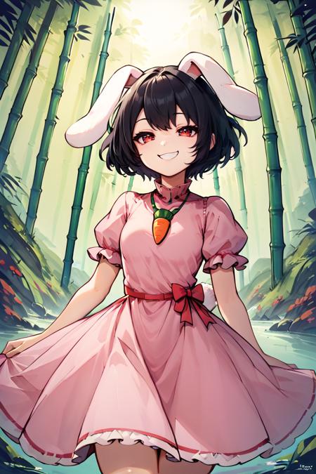 inaba tewi, pink dress, short hair, black hair, red eyes, rabbit ears, floppy ears, puffy sleeves, ribbon-trimmed sleeves, ribbon-trimmed dress, carrot necklace