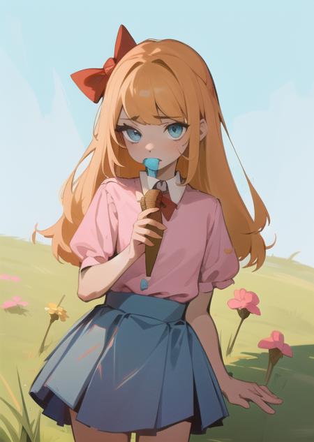 <lora:elizabeth-08:1> elizabeth , solo, elizabeth, child, bow, pink shirt, blue skirt, eating ice-cream, blue sky, flat grass land,, masterpiece, best quality