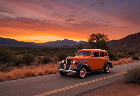 motor vehicle, car, no humans, tree, road, outdoors, scenery, sky, orange sky, sunset, mountain, vehicle focus, evening, nature, mountainous horizon, forest, cloud, location, dusk, twilight, red sky, hill, rock, gradient sky, desert, grass, orange background, bush, solo, (1936 Willys 77 4-Door Sedan)