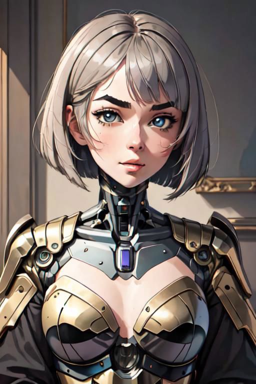 Anime-style robotic woman with blue eyes and a gold armor.