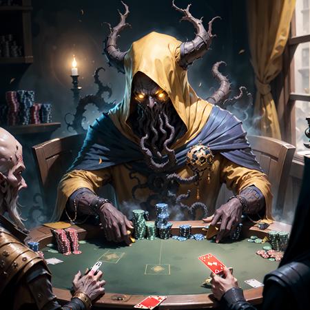 <lora:Hastur-000001:.7> Hastur, king in yellows playing poker