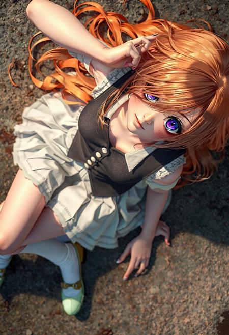 wide view, from above, photograph, realistic, masterpiece, best quality, 1girl, lying on the ground. violet eyes,pleated skirt, hair swept to side, side part hair, shiny hair, lace panties, white socks, shoes, smirk, hair over face, freckles, pretty face,cleavage, petite, light orange hair, waistcoat