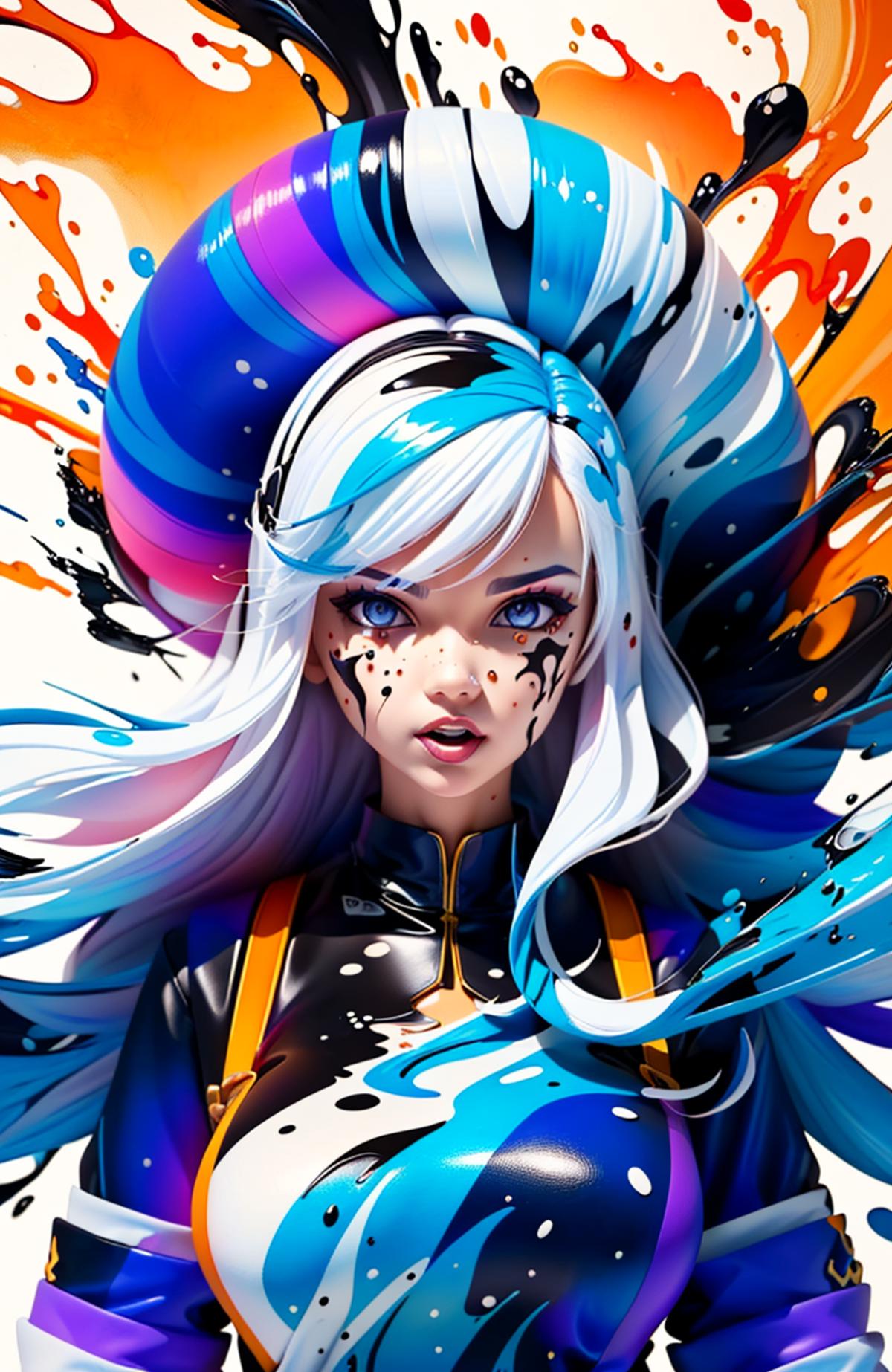 A digital painting of a woman with blue eyes, painted white hair and black and yellow clothing against a colorful background.