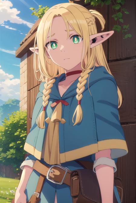 marcilledonato, <lora:marcille donato-lora-nochekaiser:1>,
marcille donato, long hair, blonde hair, (green eyes:1.3), braid, pointy ears, twin braids, elf, (bright pupils:1.5), (parted bangs:1.5),
BREAK choker, robe, red choker,
BREAK outdoors, nature, forest, trees, grass, river, sun, sky, clouds,
BREAK looking at viewer, (cowboy shot:1.5),
BREAK <lyco:GoodHands-beta2:1>, (masterpiece:1.2), best quality, high resolution, unity 8k wallpaper, (illustration:0.8), (beautiful detailed eyes:1.6), extremely detailed face, perfect lighting, extremely detailed CG, (perfect hands, perfect anatomy),