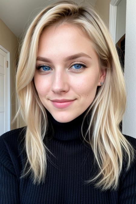 closeup face photo of 25 y.o Aiva (blue eyes) (blond hair) in black sweater, cleavage, pale skin, (smile:0.4), hard shadows