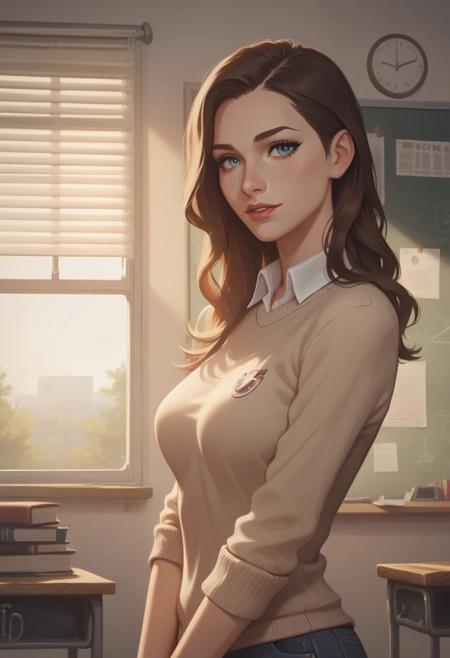 8k resolution, score_9, score_8_up, score_7_up, 22 years, Expressiveh, single a sexy brown hair blue eyes girl, medium perfect breasts, perfect face, medium wavy hairstyle, hourglass body, detailed eyes, semi realistic, standing, teacher sweater, black jeans, pose for photo, standing in bright and colorful school classroom, educational posters on walls, alphabet charts, math posters, bookshelves, colorful decorations, cozy classroom atmosphere, looking at viewer, enjoying