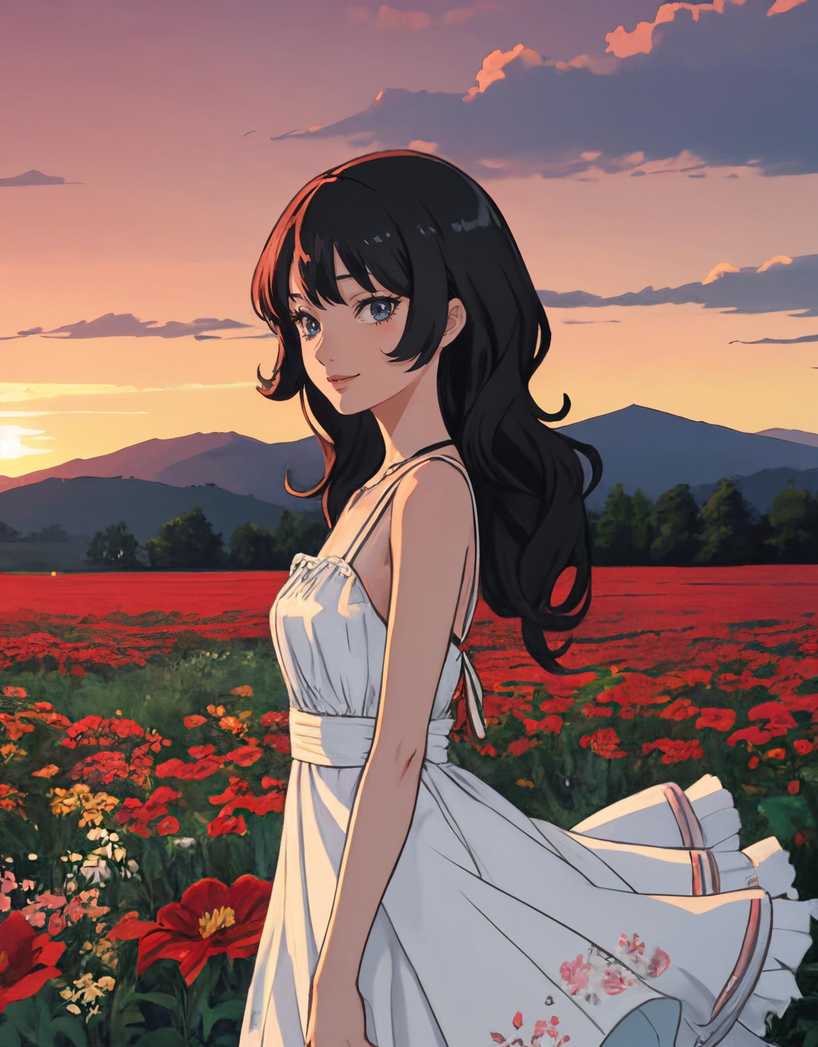 A beautiful woman with long black hair wearing a white dress and standing in a field of flowers.