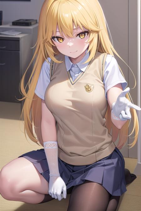 misakishokuhou, <lora:misakishokuhou-lora-nochekaiser:1>, 
misaki shokuhou, blonde hair, hair between eyes, long hair, (symbol-shaped pupils:1.5), (yellow eyes:1.5), (medium breasts:1.2), <lora:smirkingeye_v100:1>, <lora:smirkingmouth_v100:1>, smile,
BREAK elbow gloves, gloves, school uniform, short sleeves, summer uniform, sweater vest, tokiwadai school uniform, white gloves, (light brown sweater vest:1.2),
BREAK looking at viewer, upper body, full body,
BREAK indoors, classroom,
BREAK <lora:GoodHands-vanilla:1>, (masterpiece:1.2), best quality, high resolution, unity 8k wallpaper, (illustration:0.8), (beautiful detailed eyes:1.6), extremely detailed face, perfect lighting, extremely detailed CG, (perfect hands, perfect anatomy),