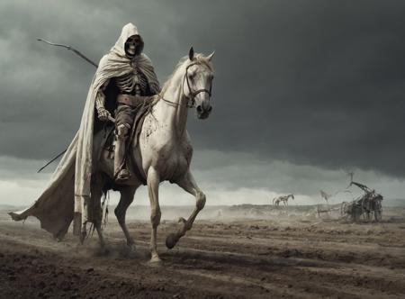 (rusted_scythe:1.3),(long white cape in the wind:1.6),(tattered_garments:1.5),(skeletal_rider:1.5),pale_horseman,(hood:1.2),(pale_emaciated_green_horse:1.1),(wind:1.3),(bones:1.2),apocalypse,desolate_landscape,dark_sky,ominous,decay,cracked_ground,barren,lifeless,
black rain,smoke,<lora:add_detail:0.8>,