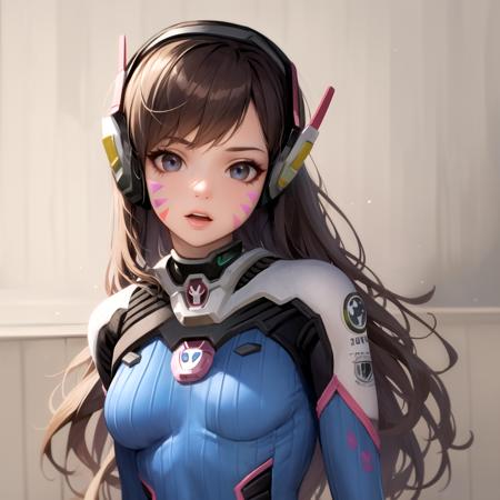 1girl,d.va \(overwatch\),solo,looking at viewer,blue bodysuit,whisker markings