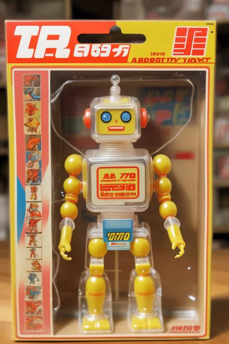 <lora:1987 Action Figure Playset Packaging:1>1987 Action Figure Playset Packaging - A product photo of a 1970s japanese toy clear plastic robot action figure in front of packaging