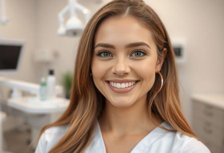 front view of a Beautiful real young woman, dental clinic work space at the background