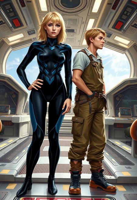 fantasy style painting.
a teenage boy age 18 and a teenage girl age 18, stand side by side on the bridge of a large starship. The woman is wearing a tight black and blue bodysuit. She is fully clothed. She has blonde hair and fish gills on her neck. The man has blond hair and is wearing farmer clothing.
The bridge of the starship is large and light in color. There are at least 20 workstations to control and manage the starship