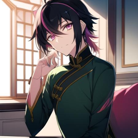 best quality, intricate details, masterpiece,  good lighting, <lora:LIEREN-000004:1>, lieren, traditional chinese clothing, long sleeves, green clothing, pink eyes, singular pink streak in hair