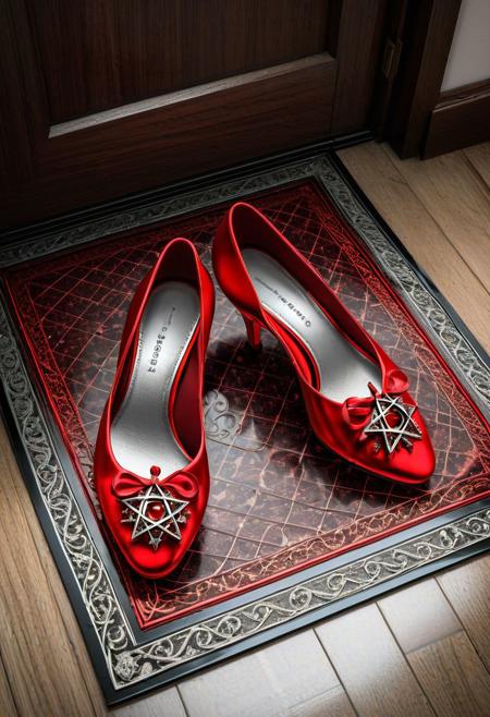 (( Photograph of 2 transparent red glass slippers, (the slippers are red clear seethough translucent and made of glass) , on an old fashioned welcomemat with the word "Home" printed on the welcome mat which is on the floor.))
((everything is grayscale , except the red glass slippers which are red)),
((the welcomemat has the text "Home" printed on it and the red glass slippers have been placed on the welcome mat on the floor))
((nostalgic, intricately detailed, extremely detailed  background, perfect accuracy, award winning photograph))
BREAK
,((uhd, 8k photograph taken with Sony A7R III, 1/30sec at f/5.6, ISO 20,000, 12-24mm f/4 at 12mm, jib angle, looking down at an angle, experimental lighting)) 
BREAK
((inverted pentagram emblem present)), 
ng_deepnegative_v1_75t, epiCRealism, Ellis-RealismBoost