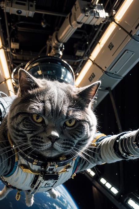 ((masterpiece), (best quality), ultra high res, (raw photo:1.2), (photorealistic:1.4), Exceptional detail, dramatic lighting, highres,   8k, absurdres,  1cat, Chartreux,  ((space helmet)), astronaut, flying cat, universe,  space ship, light shed on cat,  hand POV,  earth,  animal focus, animal, no humans, realistic, looking at viewer,  ((angry face)),
<lora:Chartreux_38-000002:0.6>,