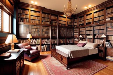 a fantasy bedroom that is also the owner's personal library with books everywhere