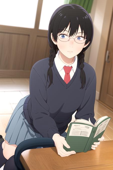 masterpiece, best quality, high quality, highres, high res, absurdres, ultra-detailed, best anatomy, detailed eyes, perfect eyes,
Lying on the side, pretending to read a fairy tale book,
makoto_kurume, opaque glasses, solo, 1girl, braid, blue eyes, skirt, shirt, black hair, twintails, school uniform, pleated skirt, necktie, shoes, glasses, socks, collared shirt, twin braids, sweater, blue skirt, red necktie, loafers, long skirt, blue sweater, <lora:makoto_kurumeV1:0.85>