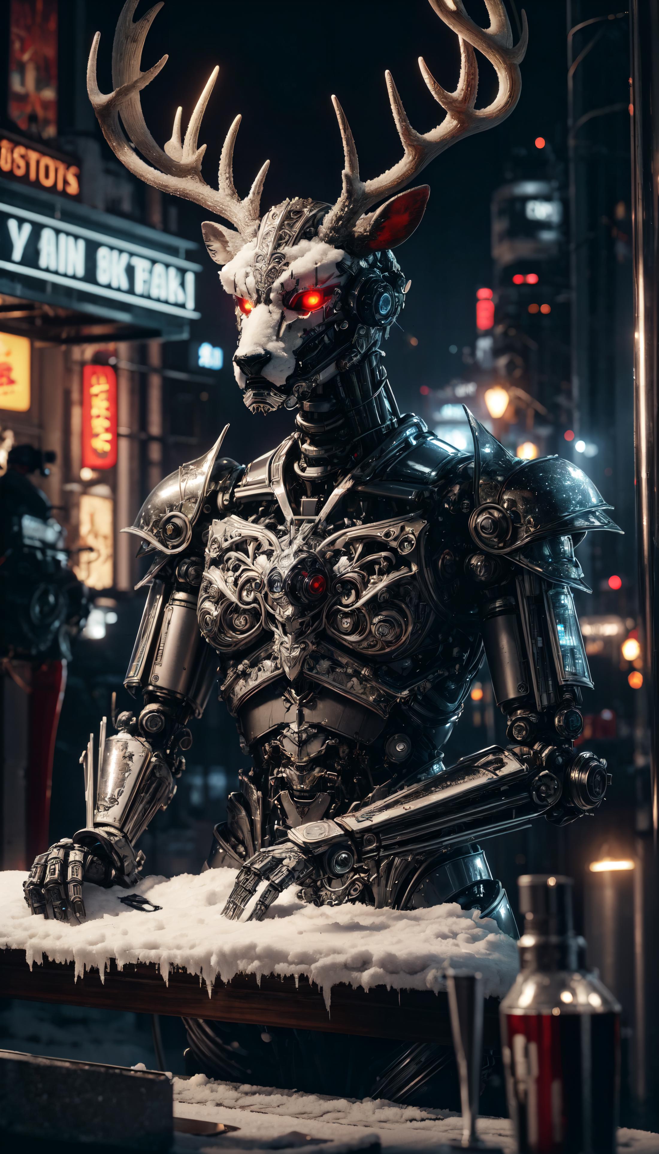 A robotic creature with a wolf face, standing next to a building at night.