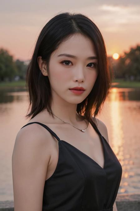 a woman, (photograph), masterpiece, (realistic), (hyperrealism), (photorealistic), (upper body:1.3), eye makeup:0.8, looking at the viewer, black dress, at the park, (sunset),  <lora:yenatest:0.45>