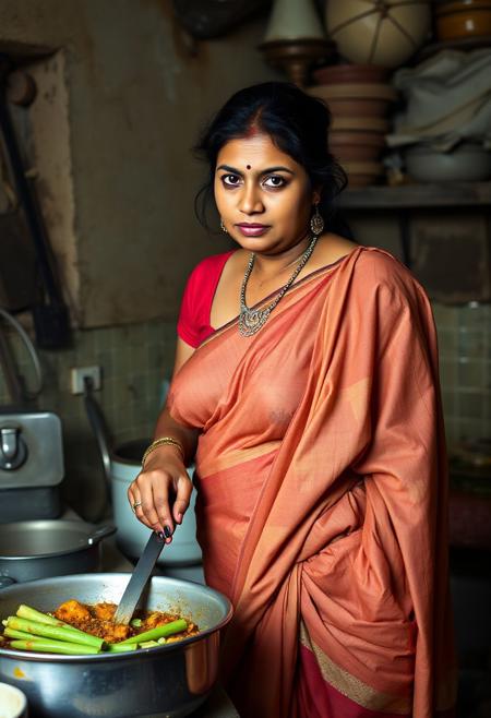 Voluptuous Indian woman cooking in Indian kitchen, dirty indian kitchen background, large saggy breasts, open blouse of the saree
<lora:sd_xl_turbo_lora_v1:0.3>