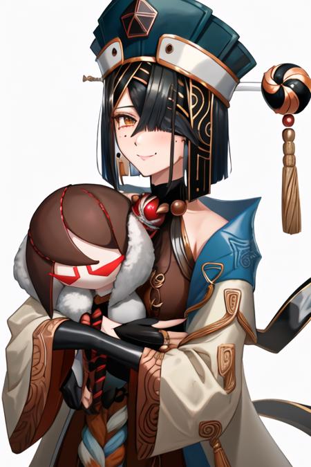 best quality, masterpiece, highres, solo, {xu_fu_fgo:1.15}, black_hair, hair_over_one_eye, mole, mole_under_eye, small_breasts, breasts, doll, hair_ornament, hat, blue_headwear, short_hair, hair_stick, character_doll, brown_eyes, tassel, straight_hair, medium_hair, hair_between_eyes, gem, bridal_gauntlets, upper_body, 1girl, chinese_clothes, gloves, holding, holding_doll, long_sleeves, looking_at_viewer, robe, white_robe, wide_sleeves, black_gloves, fingerless_gloves, smile, bare_shoulders, simple_background