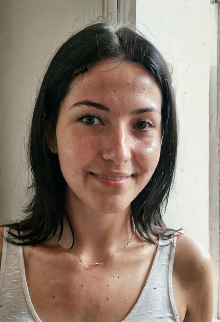 instagram selfie , a 23 year old gorgeous woman , happy relieved smile, sweaty and exhausted, detailed skin face and eyes ,  long black hair, wearing a silver necklace, film grain, low contrast, natural face , freckles , black hair , green eyes, dark circles under eyes, in a cute apartment in paris, natural lighting, hard nipples