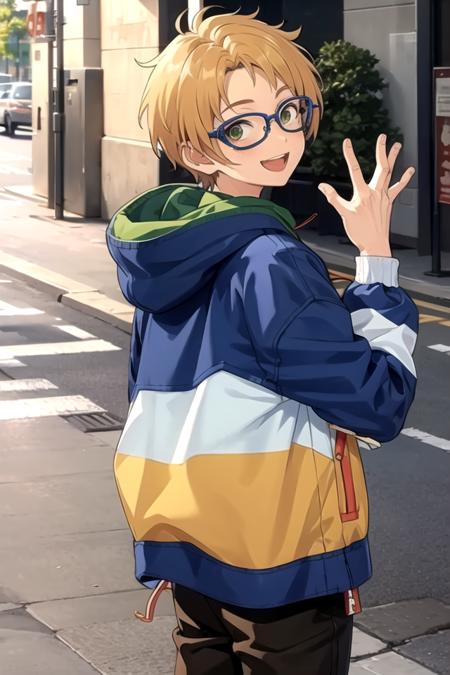 <lora:MakotoES-07:0.7>,makotoes, looking at viewer, smile, open mouth, jacket, outdoors, glasses, teeth, looking back, hood, from behind,  hoodie, blue-framed eyewear