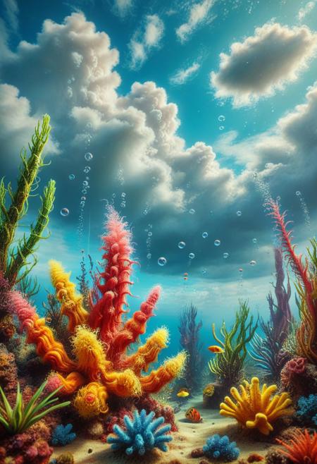 a photo, realistic, photography, masterpiese, colorful, bright and whimsical, imaginative, epic image of (((clouds))) in a waterworld. The underwater atmosphere is saturated with wibrants color and shiny bubbles of gaz, Natural lighting, Aggressive plant and animal life forms., Natural light, Plant life forms.The background is blurred by Hasselblad depth of field, 100 mm, macrolens, high detail,