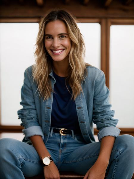 Realistic photo of a beautiful 3ll3m woman,1girl,solo,long hair,smile,blonde hair,shirt,jewelry,sitting,jacket,white shirt,teeth,pants,grin,ring,denim,watch,jeans,realistic,wristwatch,horror (theme),soft lighting, professional Photography, Photorealistic, detailed, RAW, analog, sharp focus, 8k, HD, high quality, masterpiece<lora:3ll3m:1.0>
