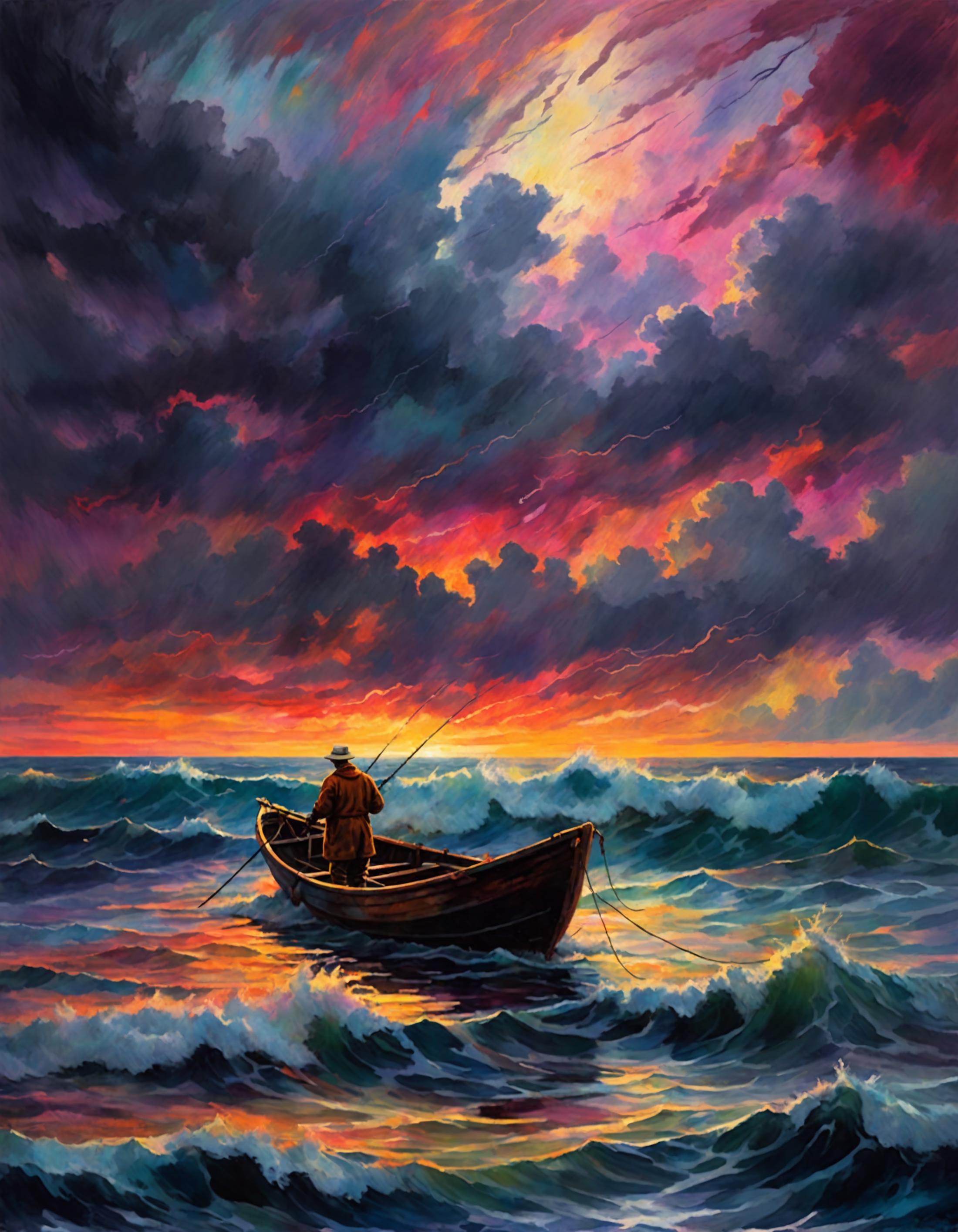 A man in a boat on a rough sea during a sunset.