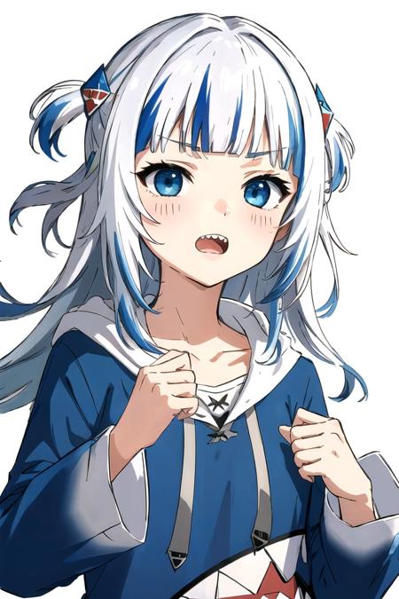 <lora:gawr_gura:1>gawr gura, blush, white background, long hair, simple background, upper body, wide sleeves, two side up, blue eyes, hoodie, long sleeves, 1girl, collarbone, blue hair, blue hoodie, @_@, streaked hair, open mouth, hair ornament, blunt bangs, solo, grey hair, sharp teeth