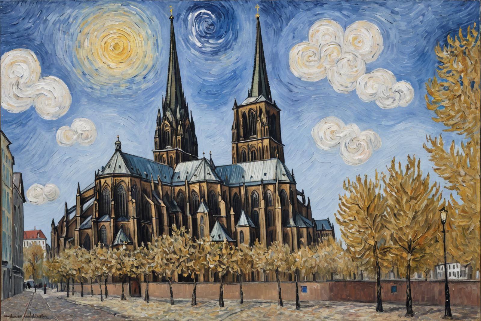 A Painting of a Cathedral with Towers and Cloudy Skies
