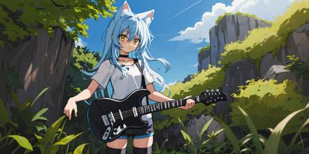 1girl, solo, choker, (white shirt:1.2), light blue hair, cat ears, animal ear fluff, white thighhighs, electric guitar, (black guitar:1.2) holding instrument, cowboy shot, outdoors, plant, yellow eyes, black short shorts, (long hair:1.1), short sleeves, small breasts, skinny, hair between eyes, standing  <lora:Beautiful Detailed Eyes [5693]:0.3>