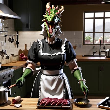 raw photo,cinematic shot,photorealistic,solo,a fleshmutant dragon maid wearing a maid outfit and a maid headdress and cooking food in the kitchen,<lora:Fleshmutant_R2-000003:0.8>