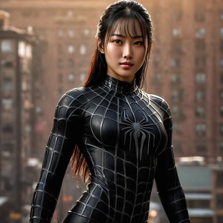 score_9, score_8_up, score_7_up, best quality, realistic, masterpiece, beautiful detail, hyperrealistic, night, ((1girl, woman body, large breast)), amazing detailed full body of a cute korean girl, wearing a realistic and highly detailed black raimi spider-man suit, ((defined muscular girl)), professional model wears ultra - detailed black raimi spider - man suit, ultra - detailed and grained black raimi spiderman suit, suit covered entire body and hand, black spiderman gloves, wet, (light smile), close up, octane render, highly detailed, volumetric, dramatic lighting, (highest quality:1.1), (HDR:1.3), (top quality, best quality), realistic, high definition, sharp contrast between light and shadow, athletic and fit physique, highly detailed and accurate portrayal, photorealistic rendering, tense and alert atmosphere cinematic scene, cinematic lighting, intricate detail skin and facial texture, lifelike expression, accurate character design, interesting and complex background details,
