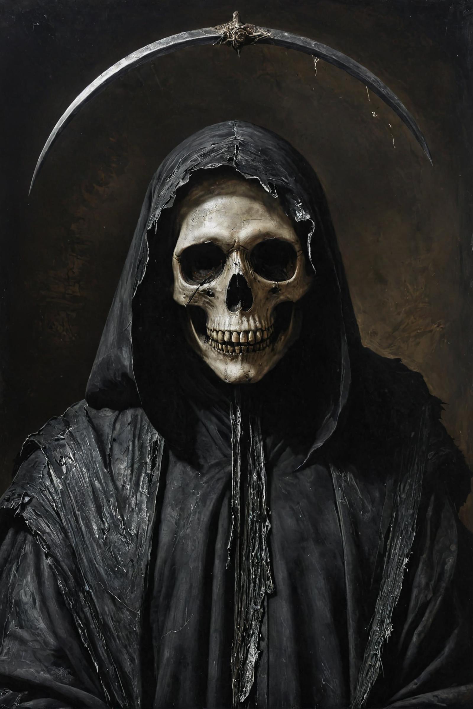Grim Reaper Wearing a Cloak and Hood, Skeleton Head with Skull and Crossbones on Outstretched Arm