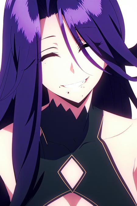 aurora, 1girl,  smile,  solo,  mole,  mole under mouth,  closed eyes,  hair over one eye,  grin,  white background,  long hair,  eyes visible through hair,  simple background,  portrait,  purple hair,  ^ ^,  bare shoulders,  collarbone,  covered collarbone
high quality, best quality, ultra detailed, masterpiece, bare shoulders, <lora:EMS-55245-EMS:0.800000>