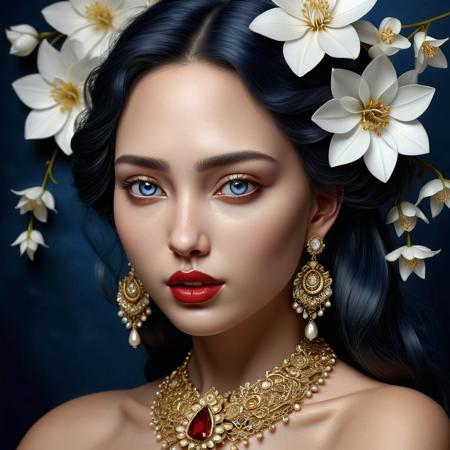 Ultra realistic head and shoulder color pencil drawn portrait of a beautiful 20yo black haired female with white flowers in her hair, large intricate  golden earrings and a detailed and intricate golden necklace. (looking at viewer), (beautiful blue-gray eyes), (ruby red lipstick),
BREAK
Deep dark intense (midnight blue hazy background:1.6),
dynamic lighting, (soft shadows), (soft focus),  (photo realistic), uhd, 8k