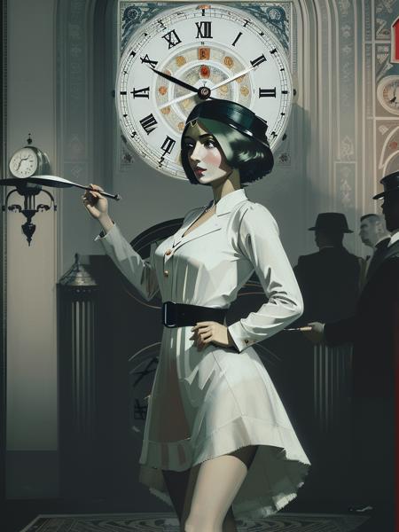 (masterpiece, best quality:1.3), woman standing front of a clock, ihap hulusi görey style <lora:ihap:1>