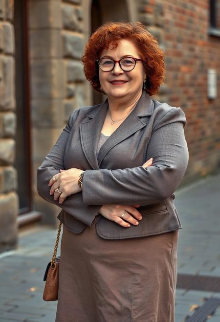 masterpiece portrait of a plump mature woman::1.4, Norman Rockwell style::1.2, realistic impressionist art::1.1,
(physical description: full body shot, plump build, mature age, red curly hair, wearing glasses, arms crossed:1.1)
(facial features, expression: soft and confident expression, gentle smile lines, thoughtful gaze through round glasses:1.0)
(clothing details: tailored jacket paired with a knee-length skirt, round toe flats in a coordinating color:1.0)
(accessories: simple earrings or minimal jewelry, subtle handbag or no bag:0.9)
(background setting: urban sidewalk or small town square, textured stone or brick background:0.9)
(lighting style: natural soft daylight with warm highlights:0.8)
(composition and camera framing: full body centered portrait, eye-level angle, candid posture with arms crossed:1.0)
(emotional tone or theme: self-assured, comfortable elegance, quietly bold presence:0.9)
(technical execution: clean sharp details, rich color tones with natural shadows, painterly realism:0.8)