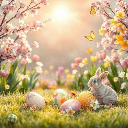 "Create a cute and cozy Easter-themed image made in soft pastel sequences. In the foreground, several bright Easter eggs are formed, decorated with beautiful patterns and flowers that have remained on the soft grass. Next to the eggs, a small rabbit with eyes and fluffy fur sits, holding a flower in its paws.
In the background, there are blooming trees with pink and white flowers, as well as spring flowers such as tulips and daffodils. The soft sun shines in the sky, creating a warm holiday atmosphere. Add a few butterflies fluttering around to keep the spring mood.
The overall lighting should be soft and warm to create a feeling of coziness and joy