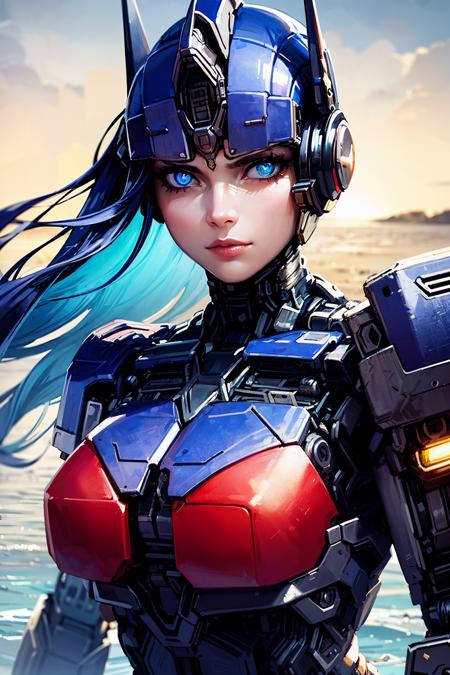 1girl, upper body of beautiful girl in red swimsuit, long windblown hair, blue hair, blue eyes, glowing eyes, optms, cyborg, beach, sea, looking at viewer, volumetric lighting, best quality, masterpiece, intricate details, tonemapping, sharp focus, hyper detailed, trending on Artstation, realistic <lora:sxz-Optimus-Prime:0.7>