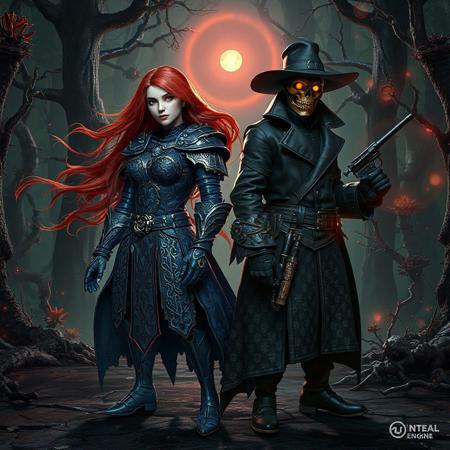 "Grimdark 3D render of two warriors standing united before the Vernusylph in Full Bloom – a twisted, bioluminescent forest where colossal petrified flowers ooze black nectar and thorned vines pulse with necrotic energy.
Left: Beatrice, Lady of the Eternal – A fierce warrior with flame-red hair whipping in an ethereal wind, clad in cobalt-blue platemail with obsidian filigree. Her gauntlets crackle with arcane lightning, while a belt of ancient runestones glows ominously at her waist. Hyper-detailed facial features show a scarred cheek and piercing jade-green eyes burning with resolve.
Right: Gimmick Puppet Fanatix Machinix – A shadowy mechanoid assassin draped in tattered noir trenchcoat and wide-brimmed hat, his face obscured by a brass plague doctor mask. Razor-wire coils around his jet-black exoskeleton, while a belt of clockwork grenades and a revolver with soulfire ammunition complete his arsenal.
Both stand in mirrored battle stances on cracked obsidian terrain, backlit by a dying star visible through the forest canopy. The Vernusylph blooms with carnivorous flora, skeletal remains fused with roots, and floating witch-light orbs. Dramatic Dutch angle shot using Unreal Engine 5 ray tracing, Octane Render textures, and Raphael-style chiaroscuro lighting. Metallic surfaces reflect sickly green nebula light, while splash ink effects blend with Houdini particle simulations for a corrupted fantasy aesthetic. "