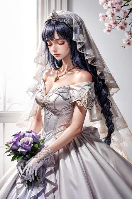 (masterpiece, best quality) <lora:epi_noiseoffset2:1>  <lora:add_detail:0.7>  <lora:ValkyrieProfileLenneth:0.8>
ValkyrieProfileLenneth, 1girl, solo, long hair, hair ornament, gloves, white background, dress, holding, bare shoulders, jewelry, very long hair, closed eyes, braid, flower, white gloves, hair flower, necklace, white dress, single braid, strapless, veil, bouquet, wedding dress, bridal veil, bride, church background,