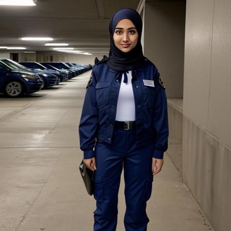 18 year Arab female security guard patrolling an parking garage at night. Pleasant smile. Brown eyes. Blue hijab. Carrying a flashlight. White uniform dress shirt with navy blue tie. Full body shot. Wearing long, navy blue cargo pants. Open blue security uniform jacket. Hair in a ponytail. Size B small breasts. (muslim)