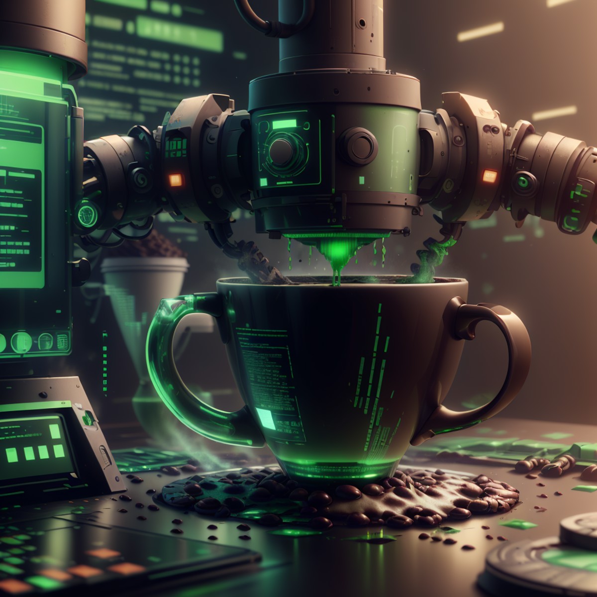 <lora:HackedTech-20:0.9>, hackedtech , scifi,  cyberpunk ,  data stream , pixelated,    green hues ,
a (coffee machine:1.3...