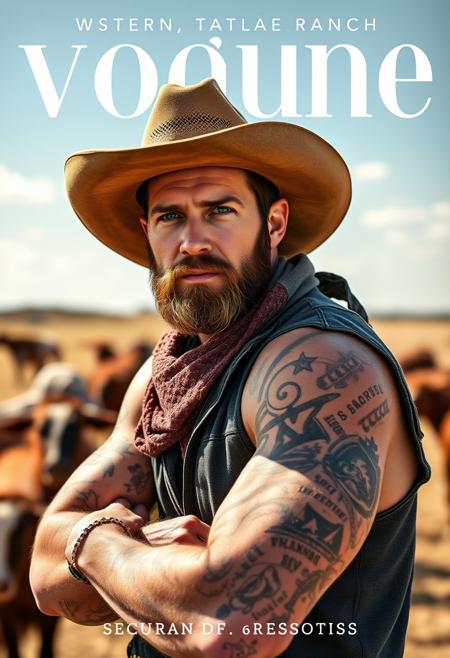 professionally-designed simple modern sleek uncluttered high-fashion magazine book cover art, on the cover should be a mid-length posed muscular, attractive bearded grungy scruffy rugged tattooed tall broad blue-eyed cowboy looking at viewer, he's outdoors on a Texas cattle ranch, this is a contemporary western romance